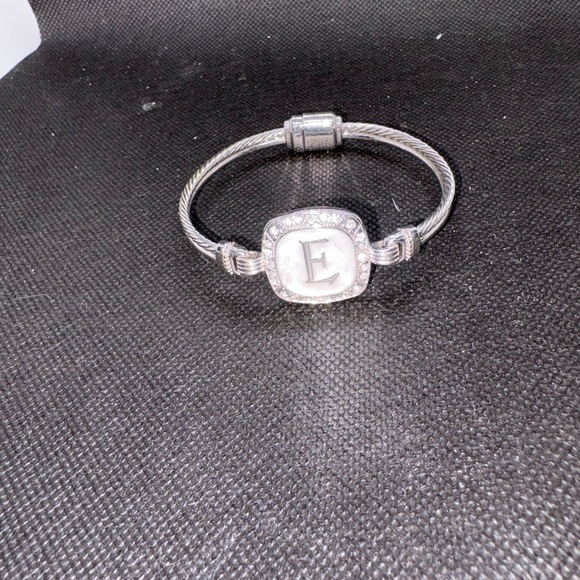 Jewelry - Silver Tone White Enamel & Rhinestone Initial E Bracelet W/ Magnetic Clasp
